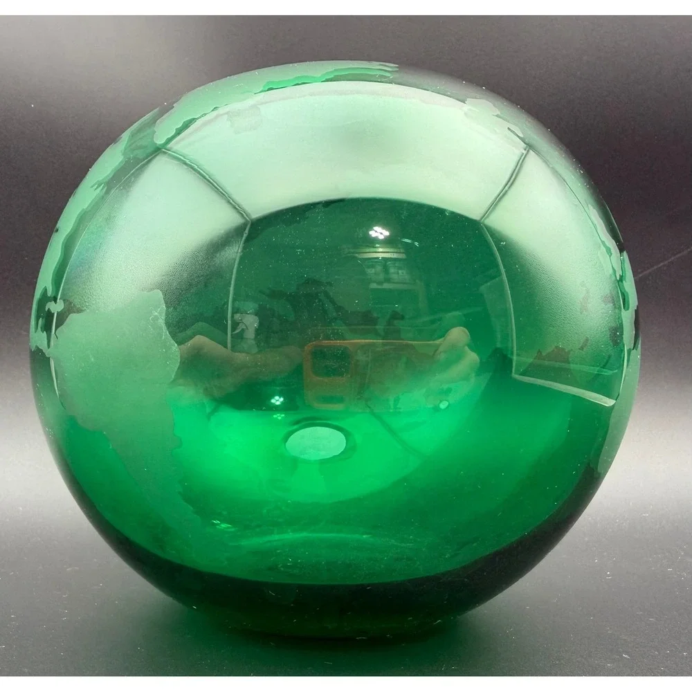 Silvestri Mouth Blown Glass Globe Vase Emerald Green Etched World Map Round 6in
